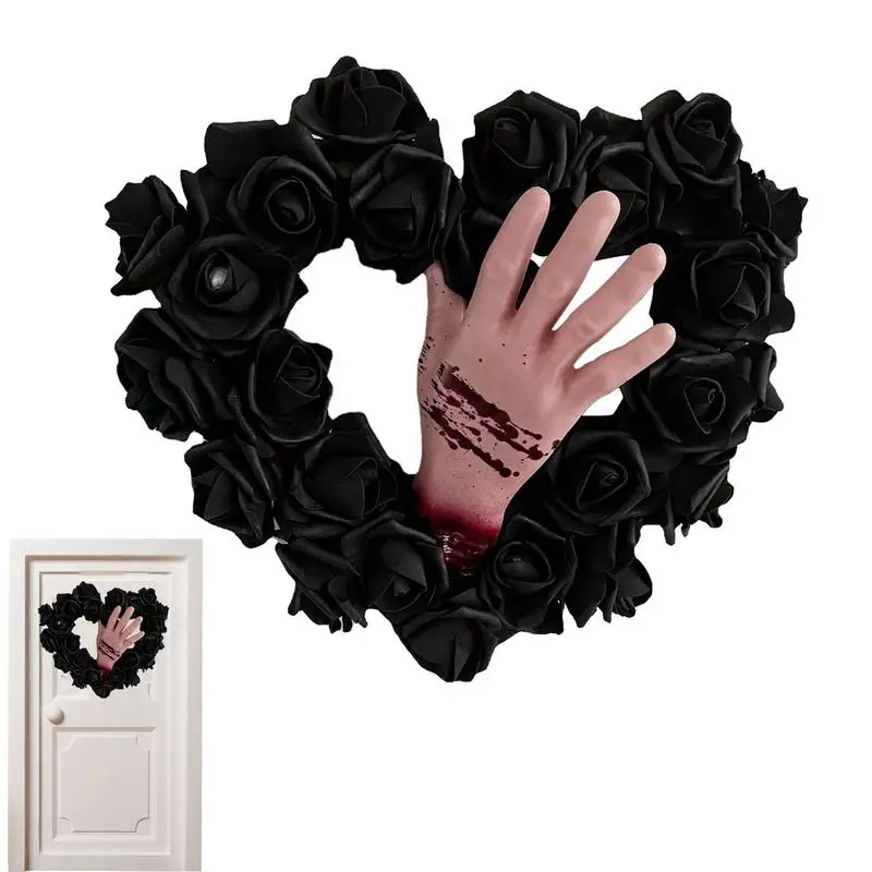 

2022 Halloween Decoration Wreath Front Door Decor Black Artificial Rose Garland With Fake Bloody Hand Horror For Home Outdoor