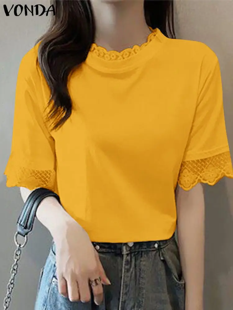

Summer Shirt 2024 VONDA Women Lace Patchwork Blouse Elegant Solid Color Casual Tunic Tops Stand Collar Short Sleeve Blusas Femme