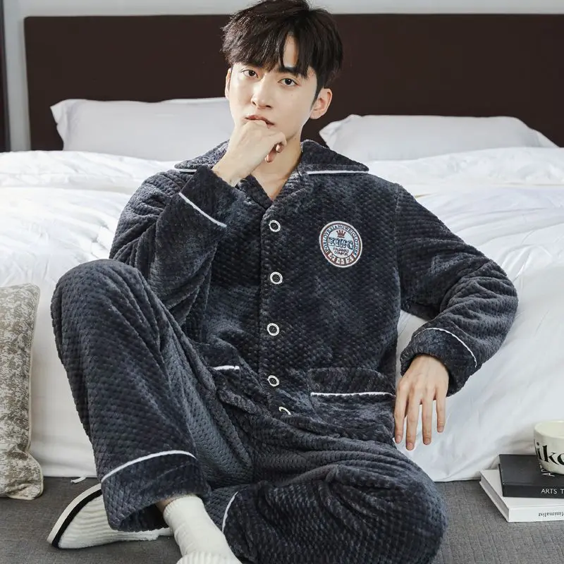 2024 New Men's Coral Fleece Pajama Loungewear Autumn Winter Nightwear Thickened Fleece Sleepwear Youth Flannel Warm Homewear Set