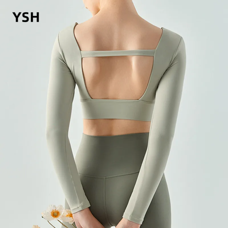 

YUSHUHUA Sexy Open Back Tight Yoga Sports Top Gym Women Long Sleeve Fitness Crop Top Running Clothing Fixed Chest Pad DSL664
