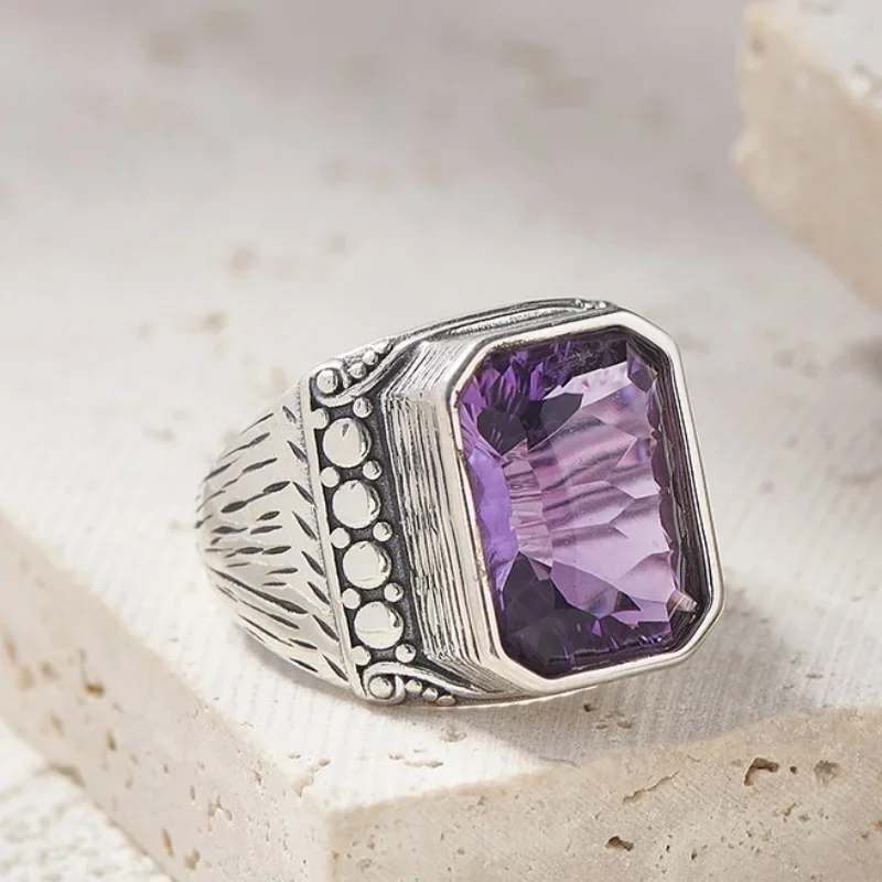 S925 sterling silver charms rings for women men new fashion ancient totem inlaid square Natural amethyst jewelry free shipping