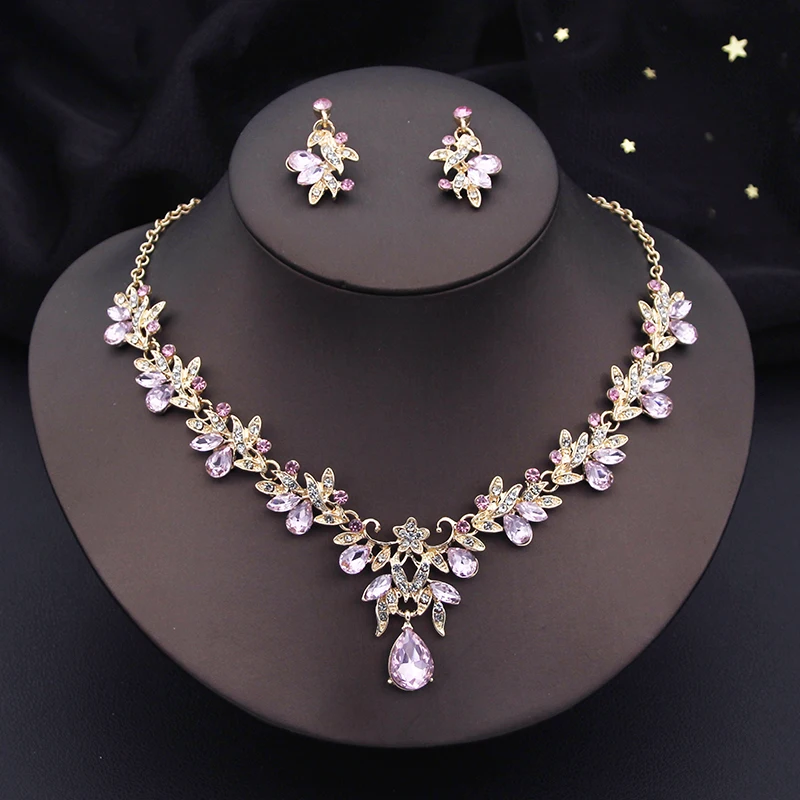 Flyonce Rhinestone Statement Necklace & Earrings Set - 9 Colors, Costume Jewelry For Wedding & Party