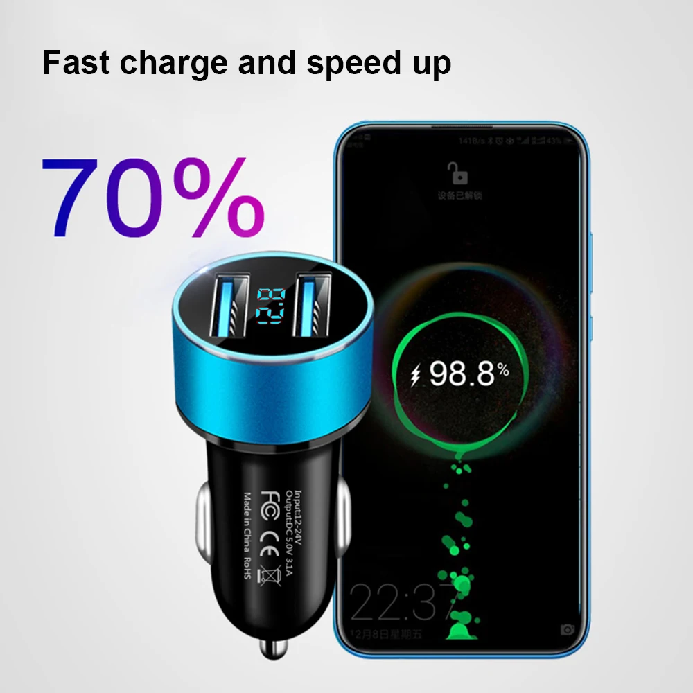 Car Charger 5V 3.1A LED Display Dual USB Charger Adapter Cigarette Lighter LED Voltmeter For All Types Of Mobile Phone