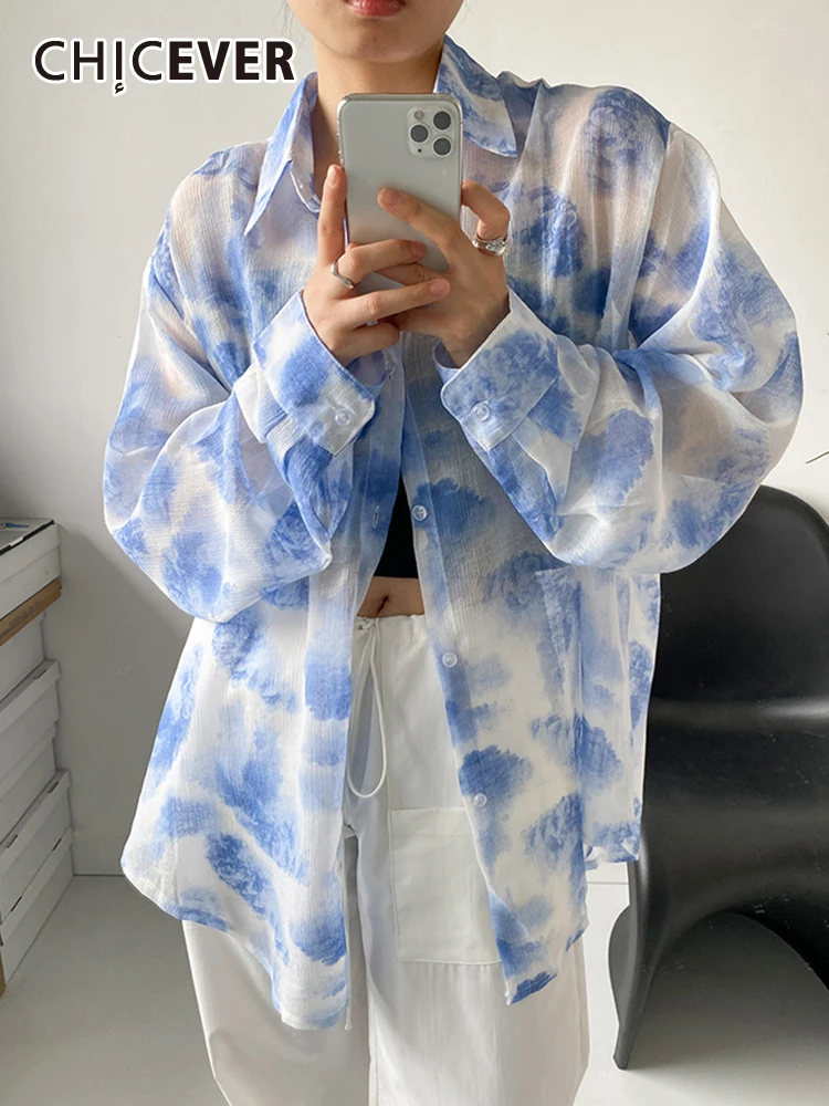 

CHICEVER Colorblock Shirts For Women Lapel Long Sleeve Single Breasted Lose Folds Straight Printing Summer Blouse Female 2023