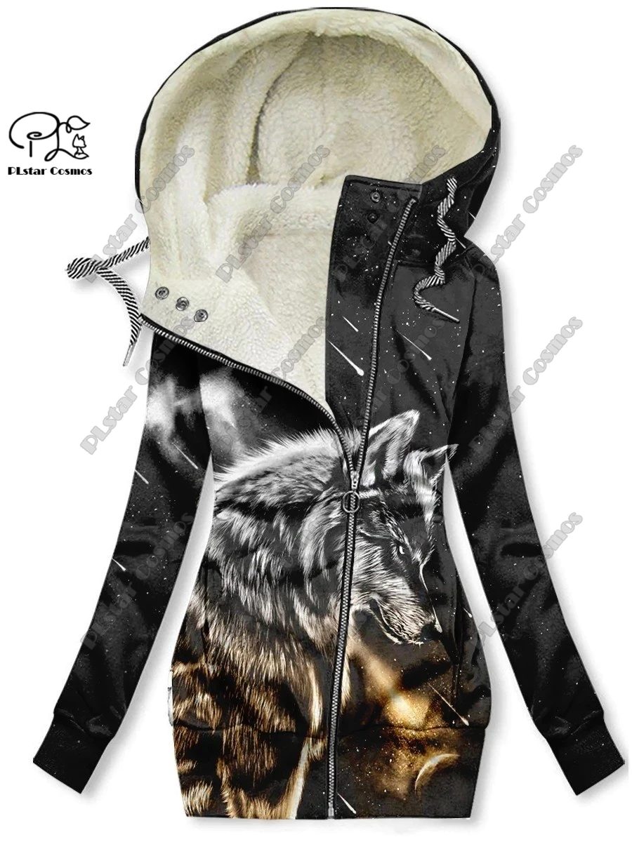 New 3D printed animal series wolf pattern velvet warm women's long zipper hoodie jacket commuting casual winter L-2