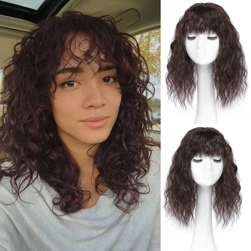 Synthetic Water Wave Clip in Topper Hair Deep Curly Clip in Hairpiece Extensions for Women Fluffy Curly Hairpieces with Bangs