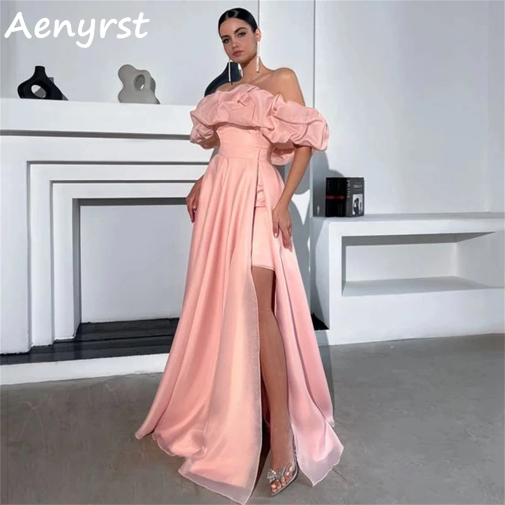 

Aenyrst Elegant Off The Shoulder A Line Prom Dresses Ruffles Side Slit Holiday Gowns Floor Length Party Dress Long فساتين السهرة