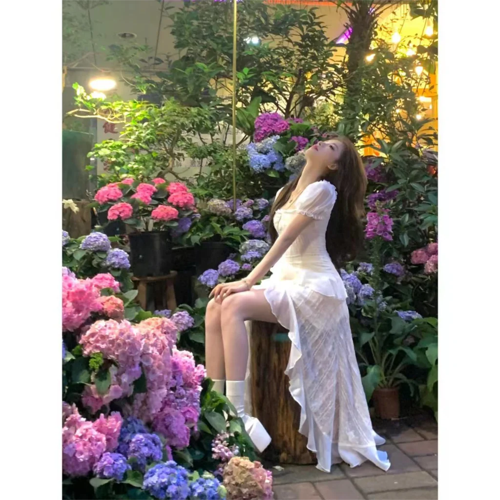 Y2K Irregular Ruffles Midi Dresses for Women Puff Sleeve Square Collar A-line French Vintage Birthday Party Dress Prom Vestidos