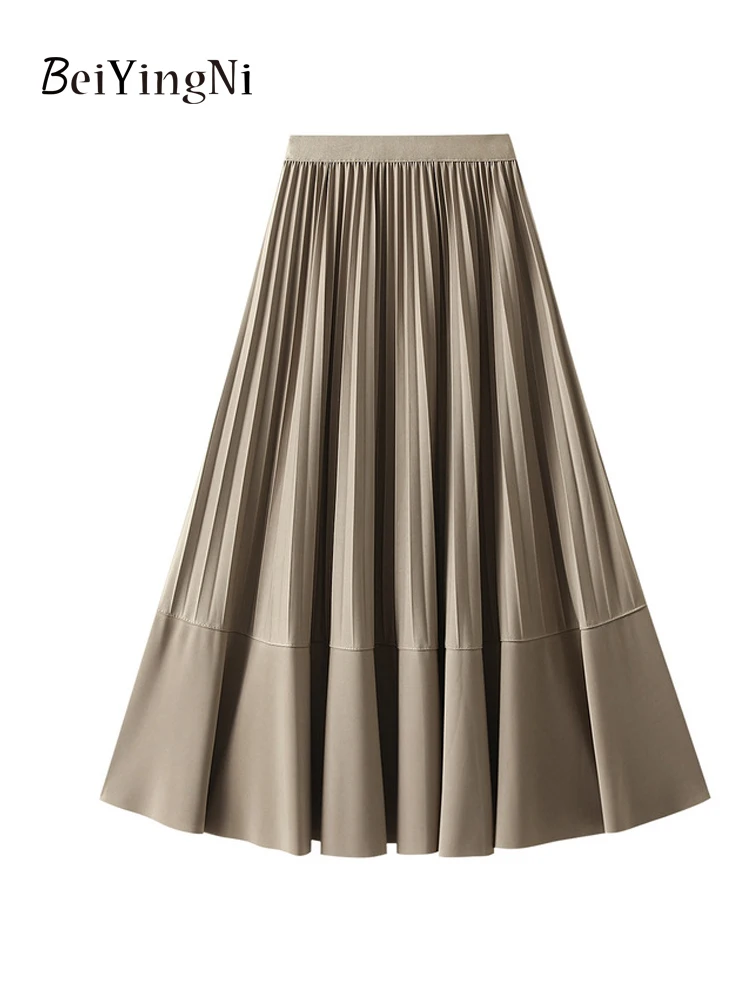 

Beiyingni Pleated Skirts for Women Spring Autumn Solid Color High Waist A-line Midi Skirt Vintage Casual Korean Patchwork Faldas