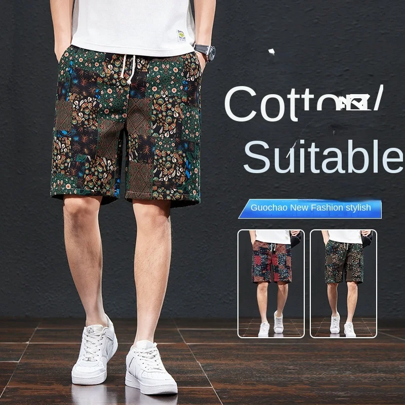 Beach pants men's summer thin ethnic style printed capris, trendy loose, elastic, breathable BOY's shorts