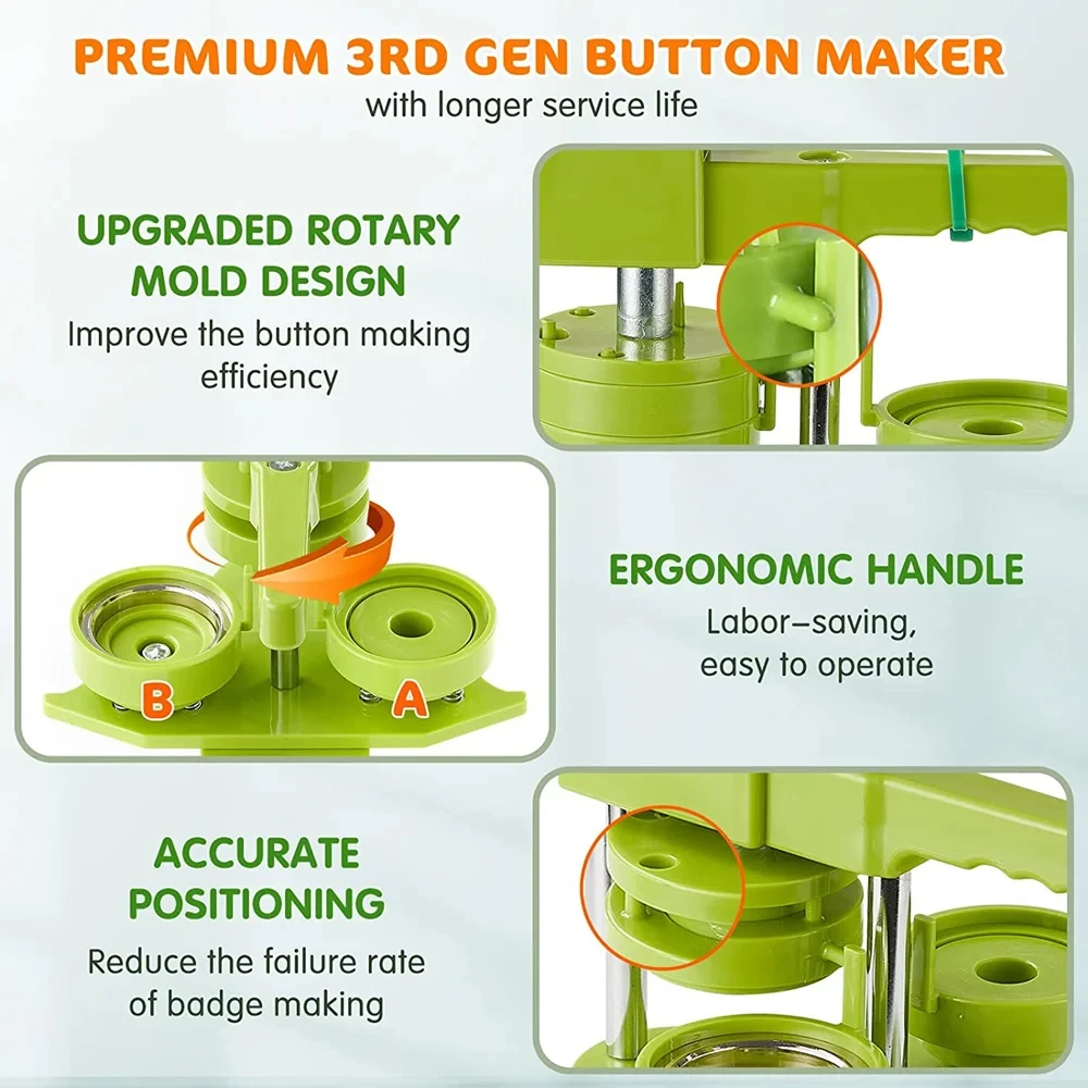 Handmade DIY 25/32/37/44/58MM Emblem Set with 100 Button Accessories+Green Circular Cutting Machine Emblem Press Set
