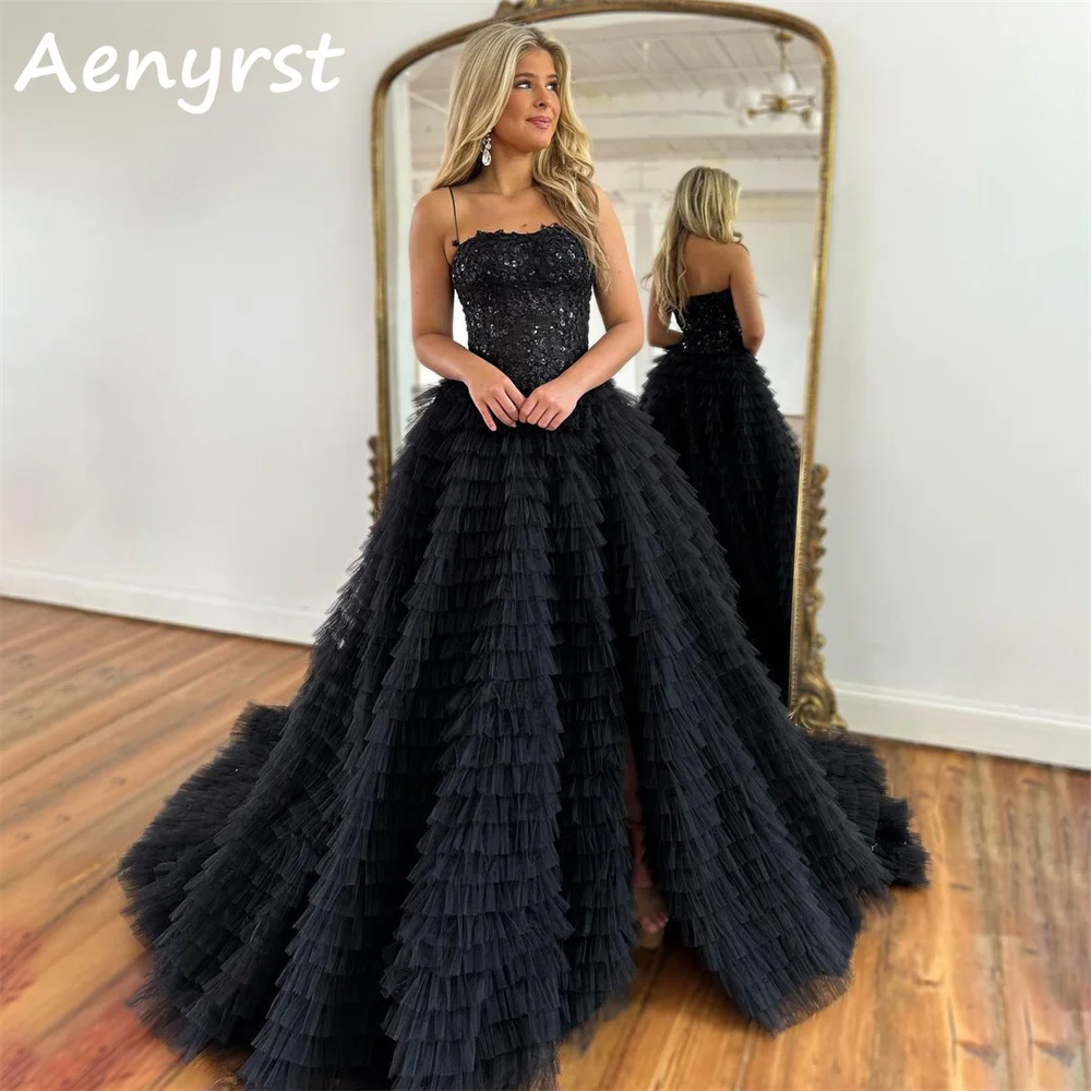 

Aenryst Black Spaghetti Strap Tulle A Line Evening Dresses Princess Tiered Beading Side Split Prom Dress Court Train Party Gowns