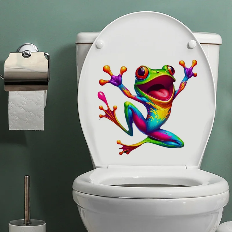 Colorful Funny Green Frog Jumping Toliet Stickers, Cartoon Frog Vinyl Decal For Toilet Lid, Bathroom Decor