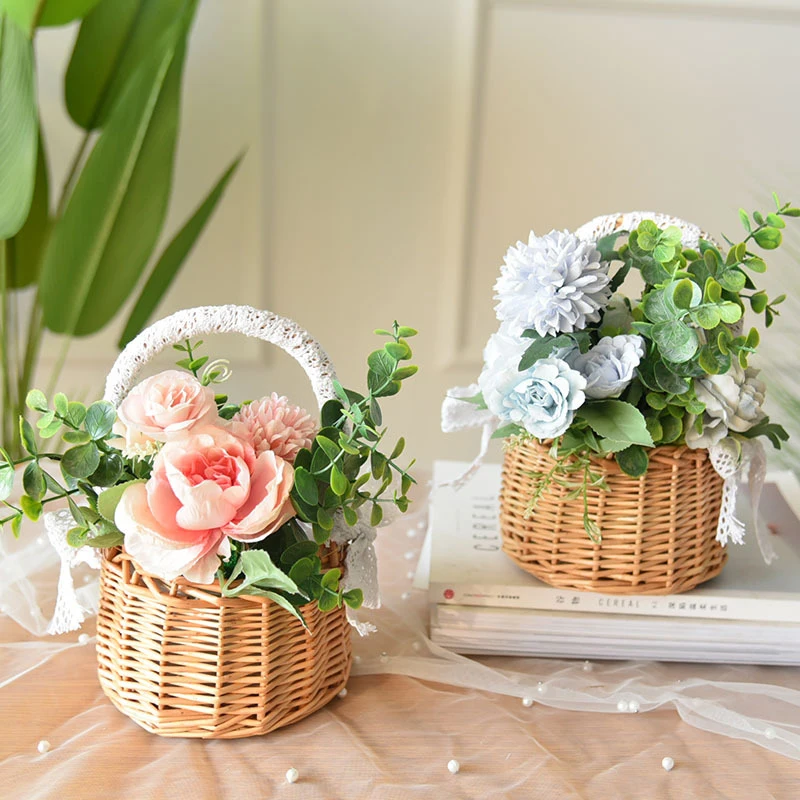 Wedding Woven Storage Basket with Handle and Ribbon Wicker Rattan Flower Basket for Wedding Birthday Party Home Garden Decor 6