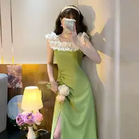 One-shoulder Suspender Green Dress for Women in Summer 2025 New French Gentle Temperament Slim Slit Skirt 1
