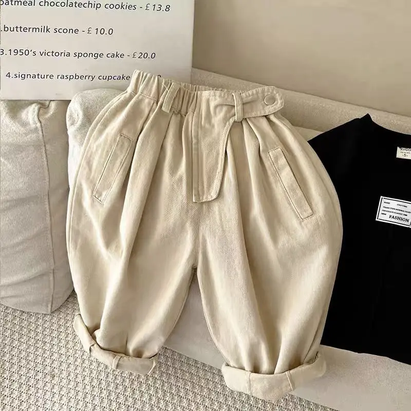 

2023 New Autumn Kids Boutique Clothing Korean Pants Solid Color Fashion Unisex Original Skew Pocket Japanese Simple Style