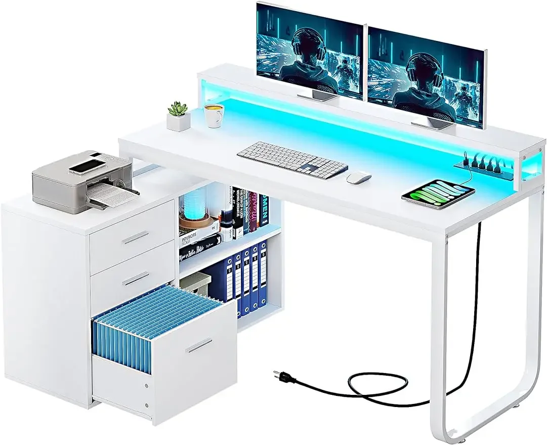 

YITAHOME L Shaped Desk with Power Outlets & LED Lights File Cabinet, 55 Inch Large Computer Corner