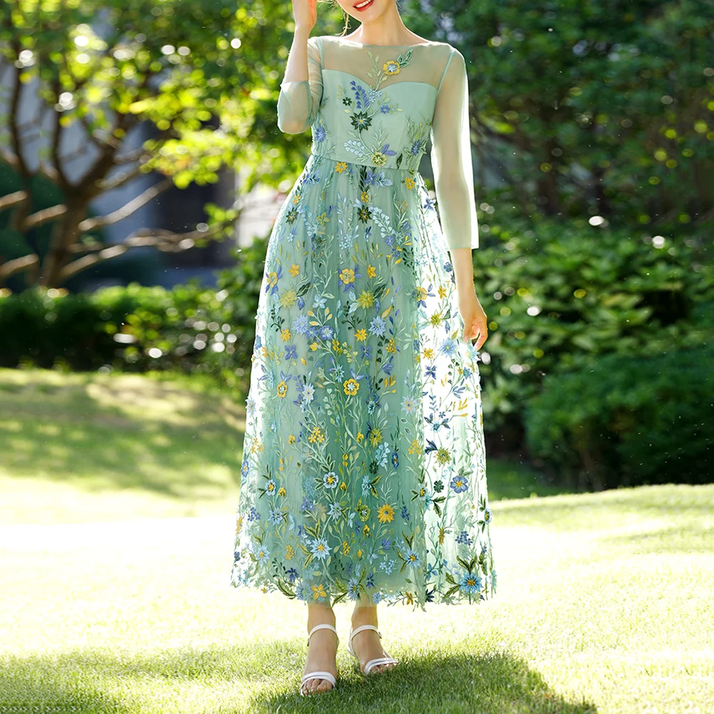 

Sage Green Prom Gown Lace Full Sleeve Ankle-Length Tulle Evening Dresses Simple Scoop Neck A-Line Cocktail Party Dress vestidos