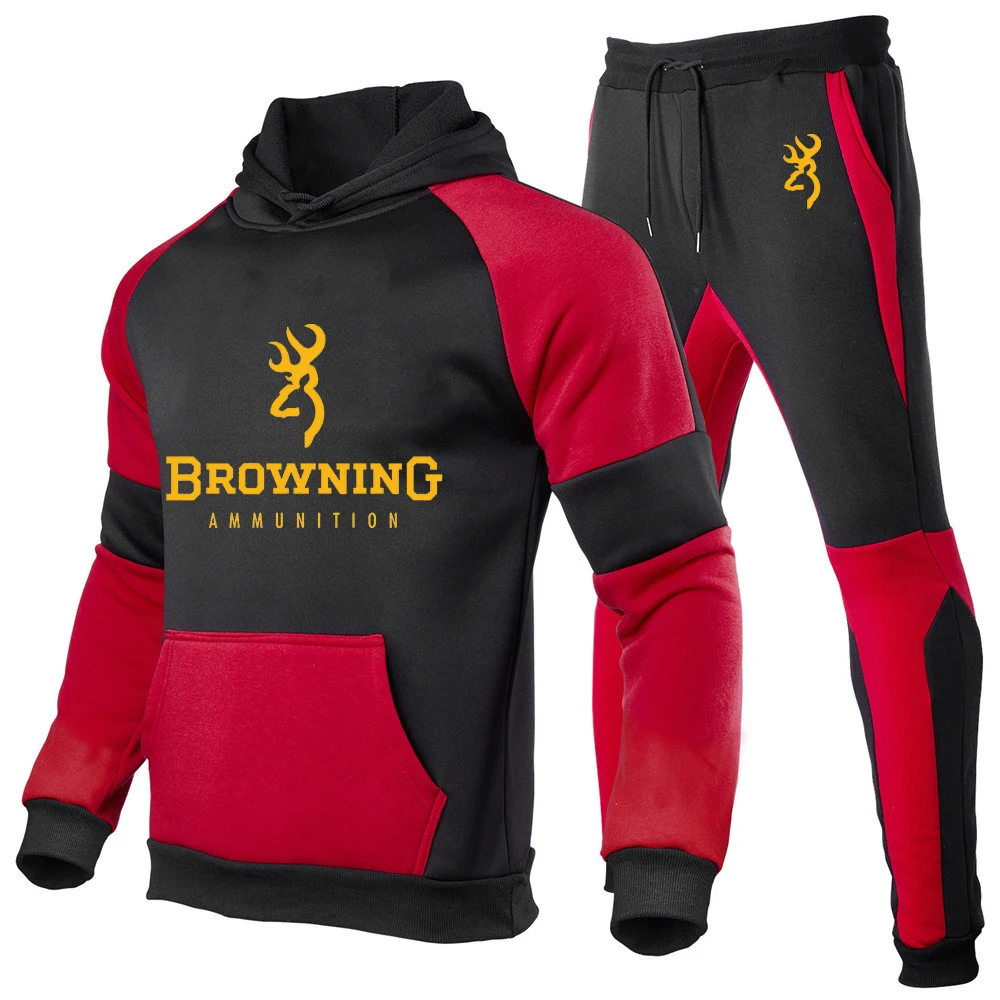 

2023 Spring Autumn Men's BROWNING Logo Print Pocket Design Hooded Sweatshirt+Trendy Sports Trousers Patchwork Cotton 2 Piece Set