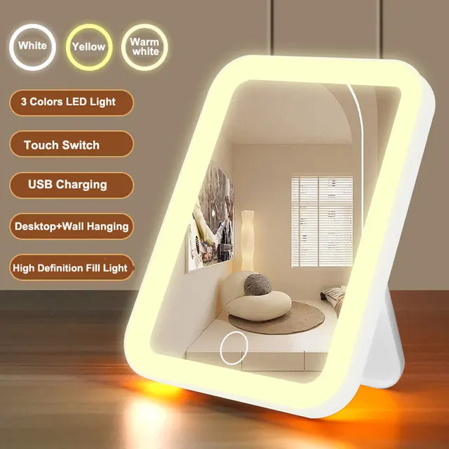Miroir de courtoisie LED avec écran tactile, 3 couleurs, aste par USB, gradation, maquillage, portable 1