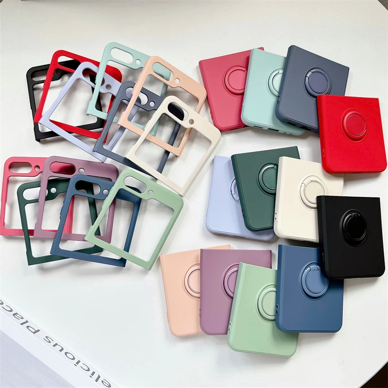 Soft Liquid Silicone Folding Phone Case with Square Frame and Magnetic Ring Holder