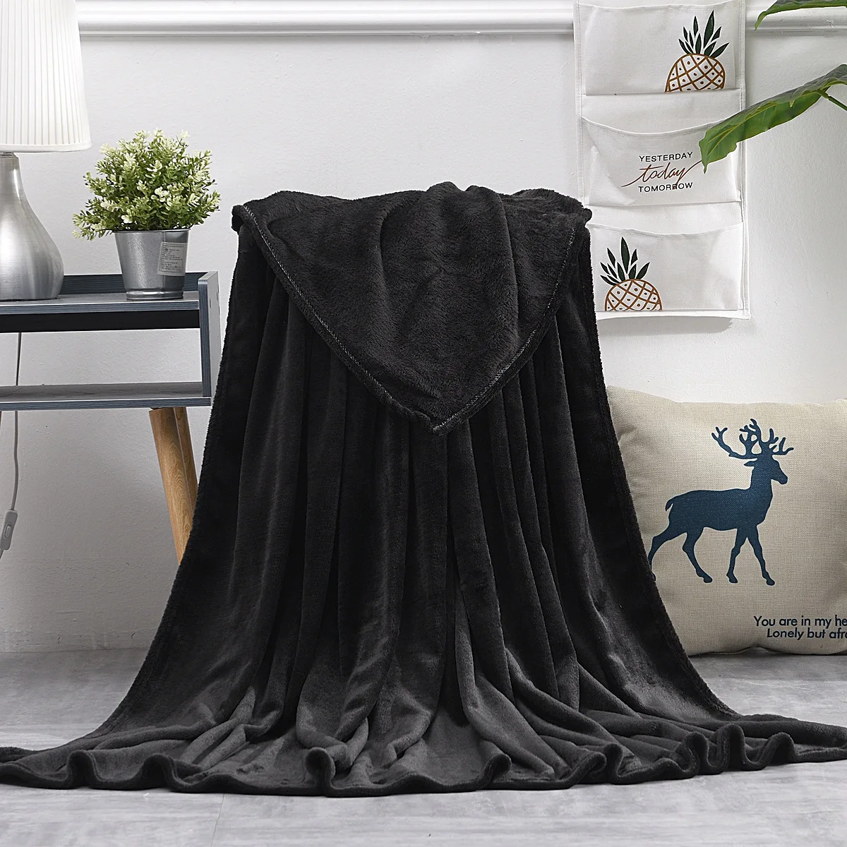 Black Fluffy Winter Plaid Warm Soft Coral Fleece Blanket