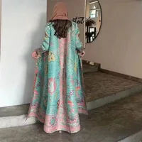 KAF Pleated Women Luxury Trench 2025 Spring Fall New Vintage Printed Cardigan Design Loose Large Size Arabian Female Abaya 3
