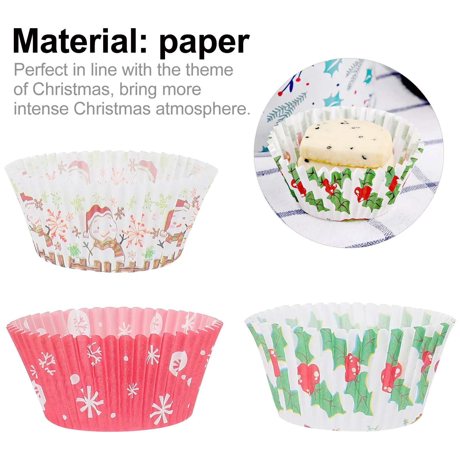 

375 Christmas Cupcake Liners Cupcake Toppers Wrapper Snowman Snowflake Berry Printed Cupcakes Liners for Christmas Party,