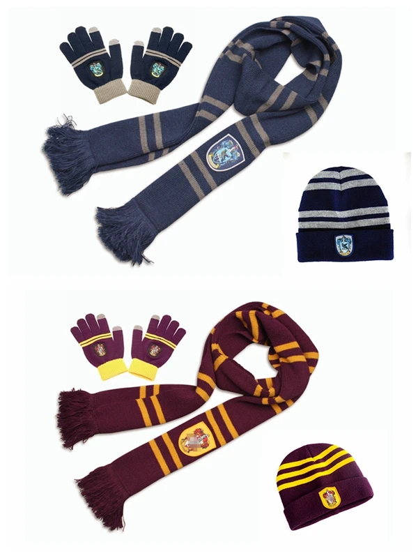 Scarf Accessories Knitting Scarf Hogwarts Cosplay Knitted Hat Gloves Three Pieces Gryffindor Slytherin Children Adult Gift