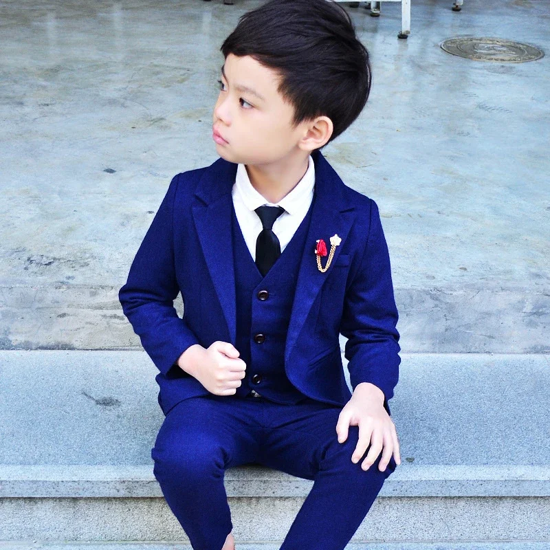 3 PCS Boys Wedding Clothes Blazer Vest Pants Children's Formal Suits Dress Kids Party Clohing Sets Blue Teenage Boy Costumes