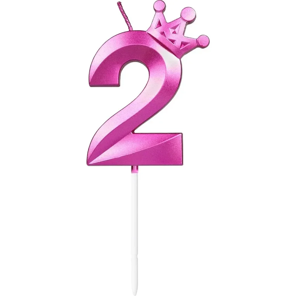 Purple Birthday Candles with 3D Crown and Number 2