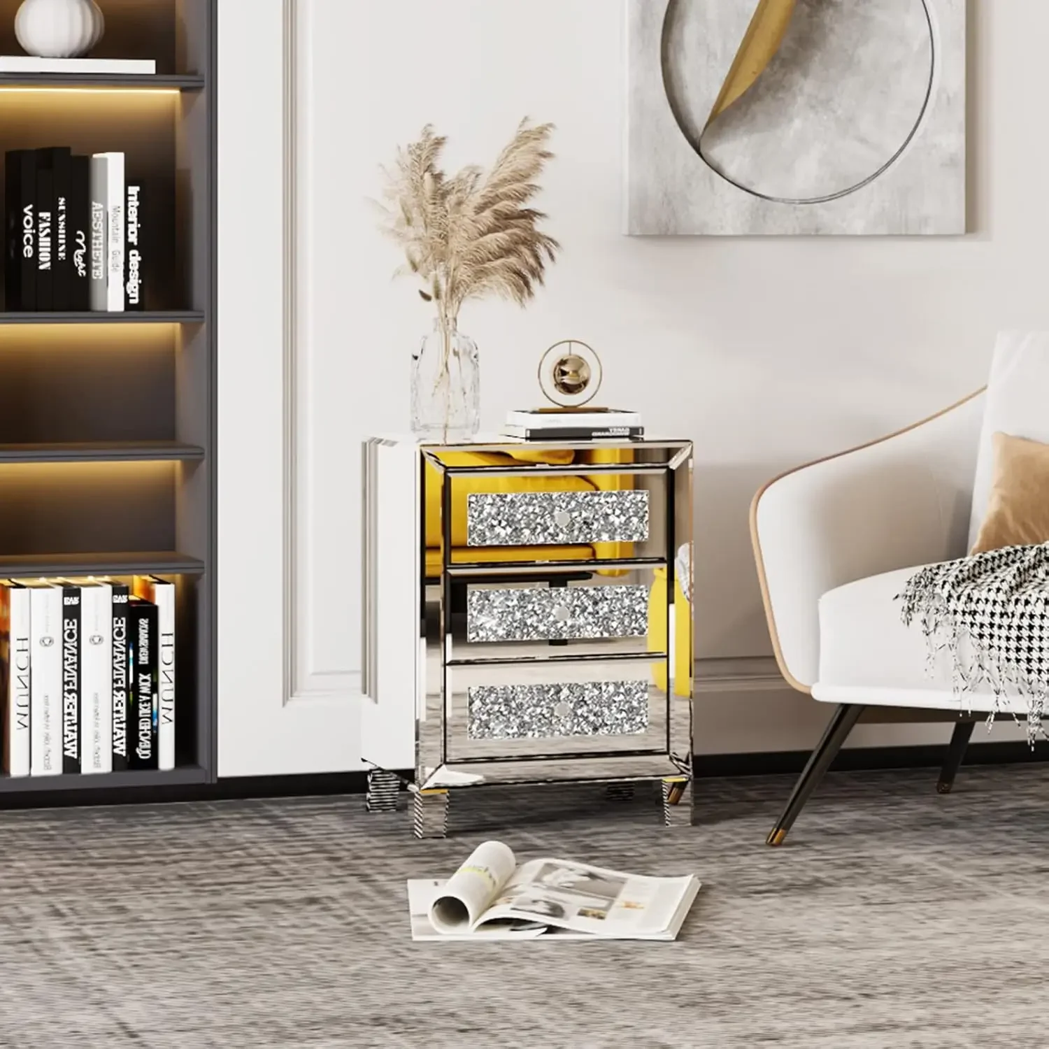 Mirrored Nightstand Set of 2, Mirrored Side/End Table for Living Room, Glass Silver Nightstand, Crushed Glass Mirror Night Stand