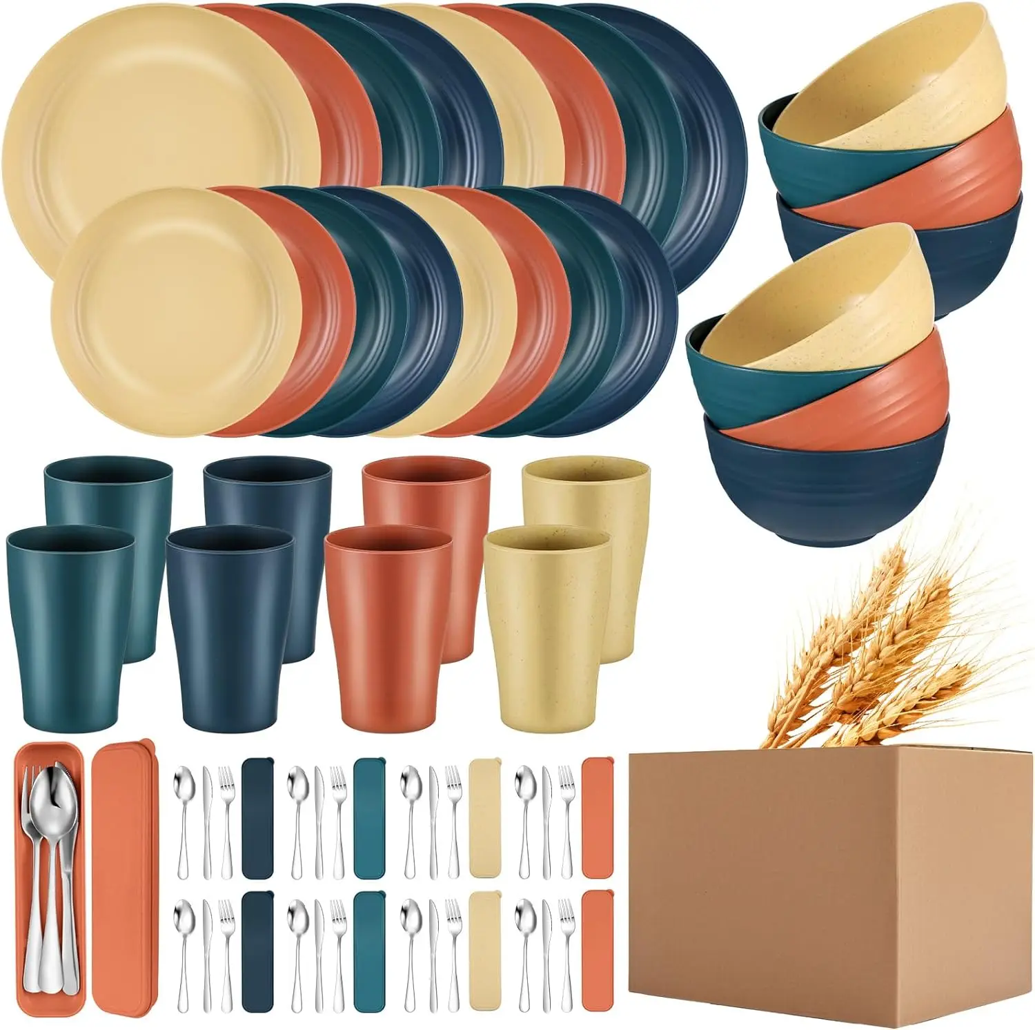 

Pinkunn 64 Pcs Wheat Straw Dinnerware Sets with Stainless Steel Flatware Unbreakable Plates and Bowls Sets Colorful Tableware