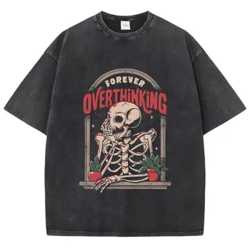 Casual Women'S Cotton Washed T-Shirts Skeleton Man On The Balcony Printing Tops Oversize O-Neck Soft Short Sleeve Female Clothes 1