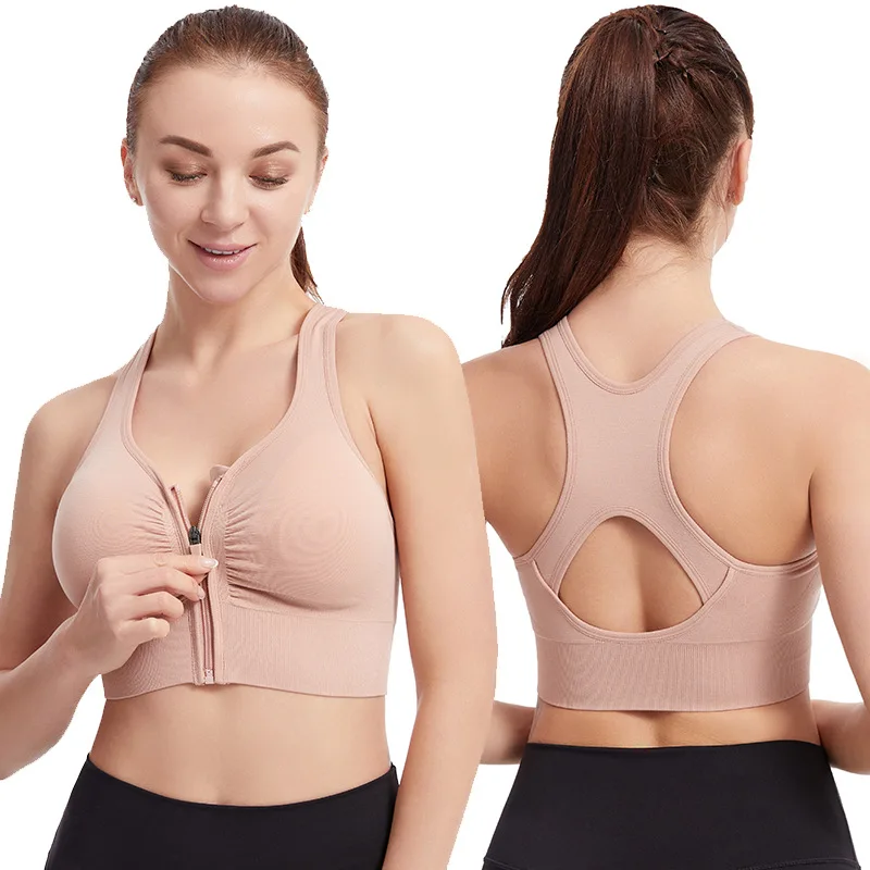 

Shockproof Gathered Large Size Running Yoga Fitness Sports Bra Hollow Beautiful Back Front Zipper Sports Underwear Women