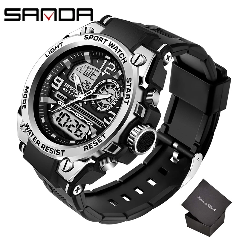 2022 SANDA Quartz 5ATM Waterproof Men Clock Sport Dual Display Electronic Watch Top Brand Military Men's Watch Relogio Masculino 