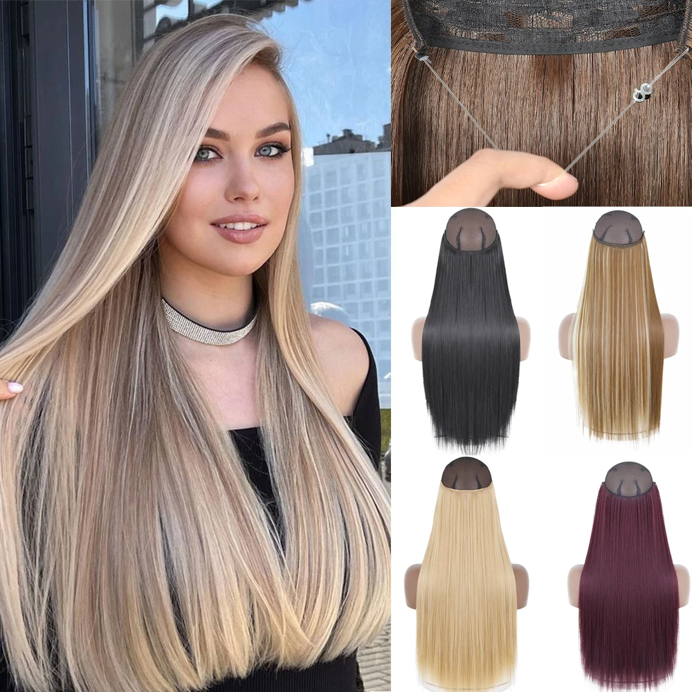 AZQUEENLongStraightSyntheticNoClipHairExtensionBrownBlonde