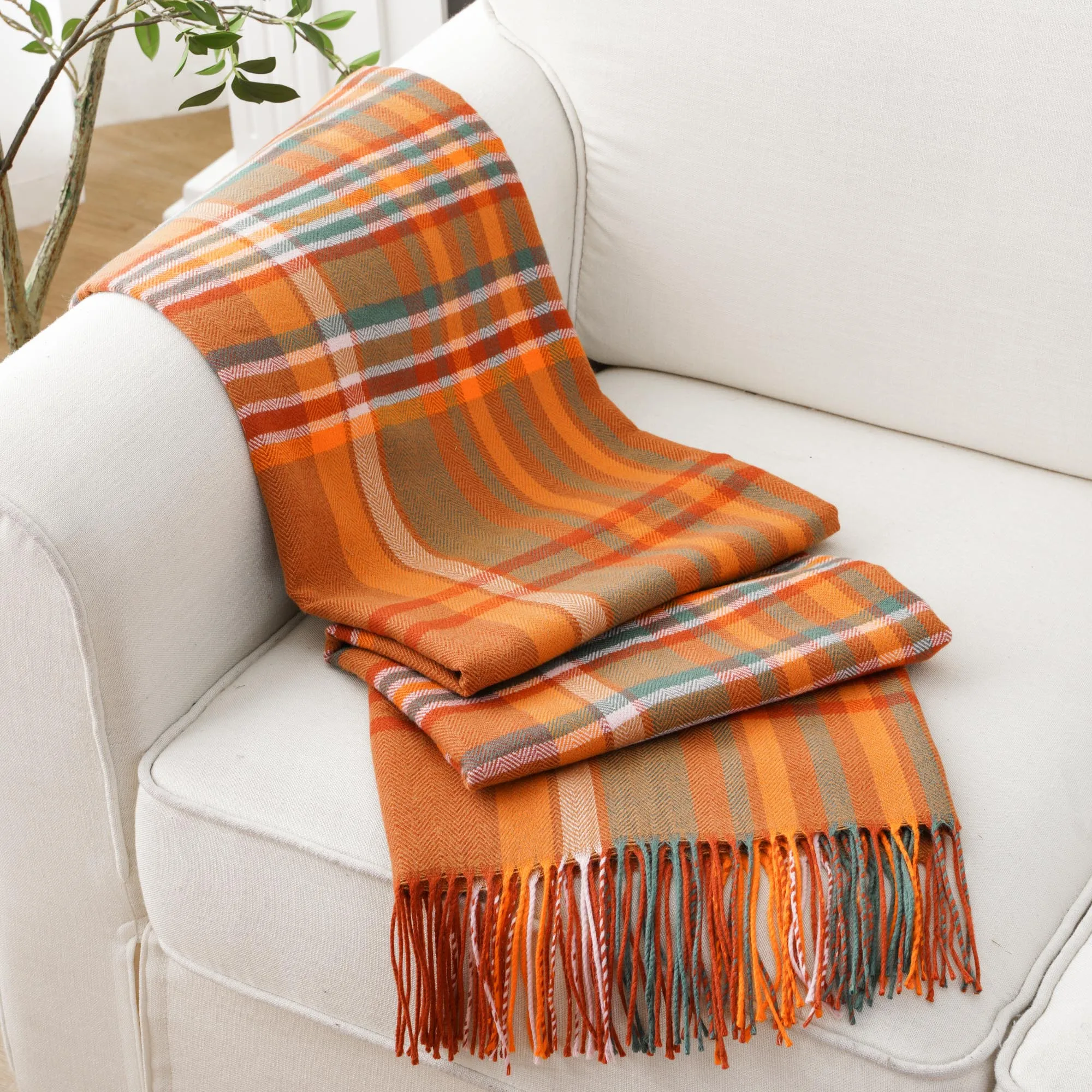 Orange Plaid Throw Blanket - Soft Lightweight Cashmere Blanket with Tassels for Bed and Sofa, Summer Home Decor - Image 2