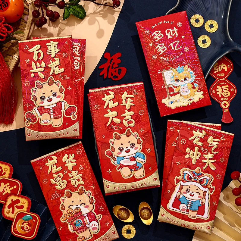 

6PCS Cartoon Creative Chinese New Year Red Envelopes Lucky Money Gift Envelope Year Of The Dragon Red Packet