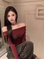 T Shirt Women Long Sleeve Off Shoulder Y2k Vintage Tops Streetwear Korean Style Crop Tops Autumn 4