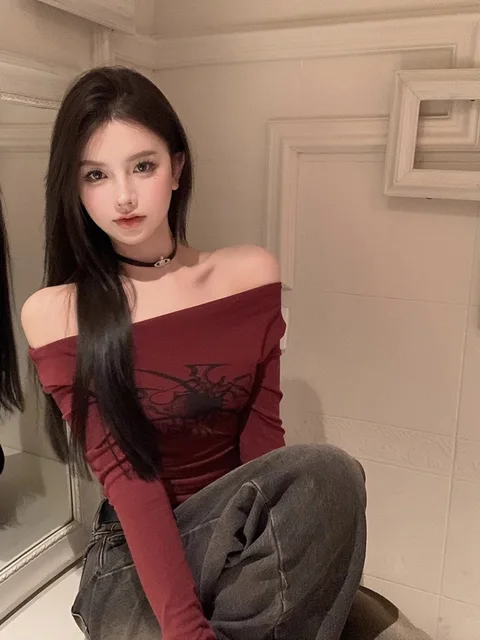 T Shirt Women Long Sleeve Off Shoulder Y2k Vintage Tops Streetwear Korean Style Crop Tops Autumn 4