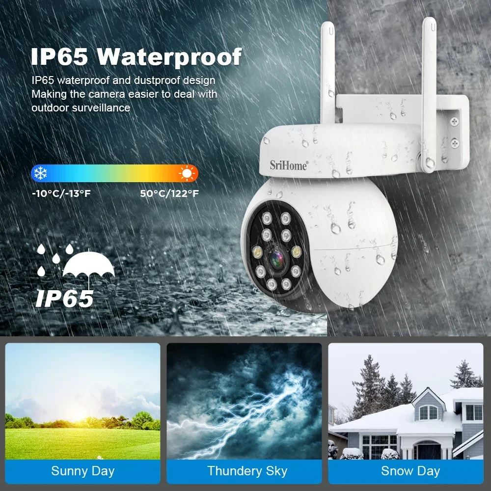 Srihome SH052 Wifi 5MP Wireless PTZ IP AI Auto Tracking Sound&Light Alarm Starlight Color Night Vision Outdoors Surveillance Cam 2