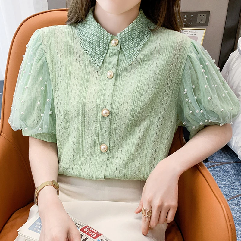 QOERLIN Mesh Patchwork Button Blouse Green Turn-Down Collar Puff Sleeve Jacquard Lady Green Tops Shirts Pink Summer Short Sleeve
