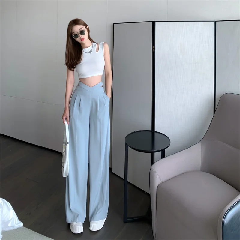 YUANYUANJYCO Korean Hollow Out High Waist Office Lady Wide Leg Pants Women Spring Autumn Back Zip Up Black Long Trousers Woman cargo pants for women