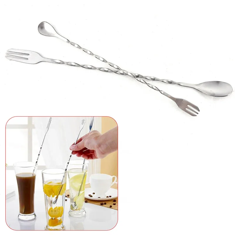 1pc 20/26cm fork spoon Double Head Stainless Steel Cocktail Bar Appliances Spiral Shape Coffee Mixing Spoons Stirring Rod