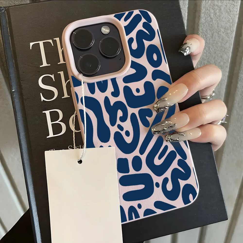 Blue Abstract Letter Pattern Lychee Soft Phone Case Cover