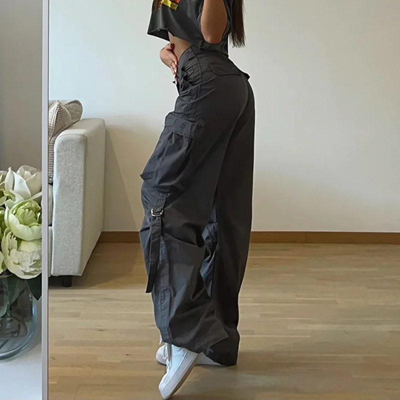 Solid Casual Loose Straight Leg Pants Women Autumn 2023 Medium Waist Button Zipper 3D Pockets Ribbon Cargo Trousers Streetwear