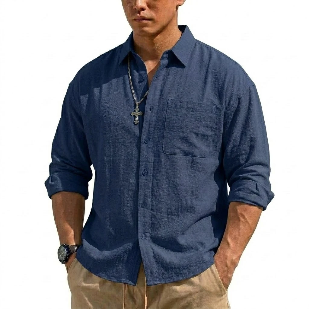 Men's Long Sleeve Linen Shirt Premium Korean Luxury Breathable Button-Up Summer Elegant 6