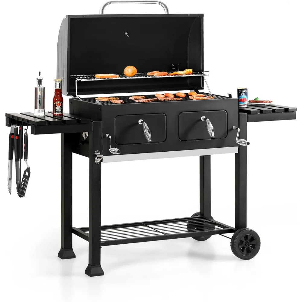 

Charcoal BBQ Grills with 794 SQ，Dual-Zone Individual & Adjustable Charcoal Tray and 2 Foldable Side Table，Outdoor Barbecue Grill