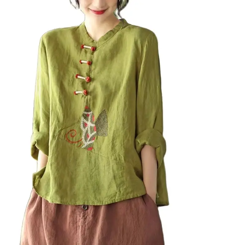Summer Women Clothing Vintage Thin Shirts Tops V-Neck Half Sleeve Blouses Disc buckle New Chinese Style Loose Pullover Shirt